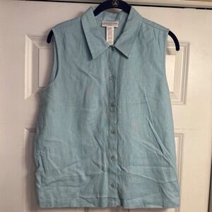 Jones New York Sport Petite Blue 100% Linen Sleeveless Button Down Top 14P NWT